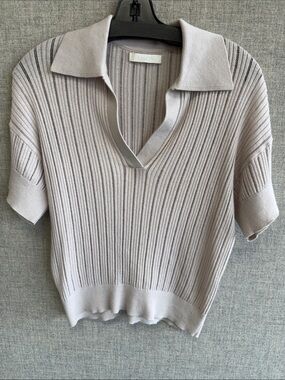 SABLYN. Ribbed Knit Polo Sweater in Light Taupe